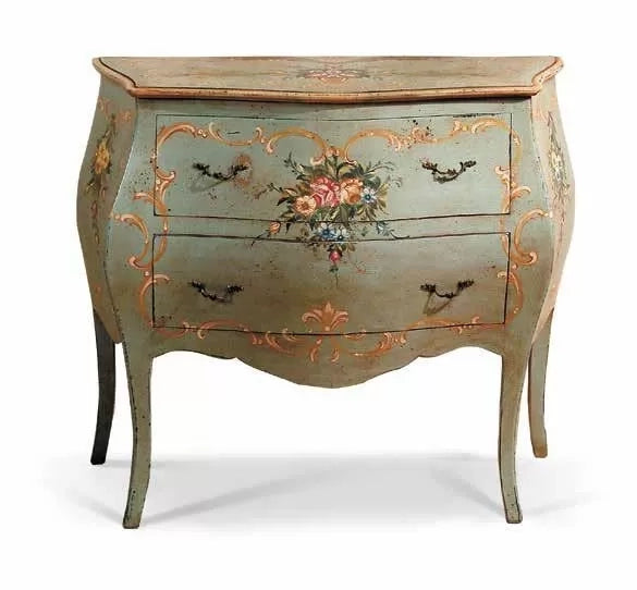 Como' bombato 2 cassetti laccato verde invecchiato con decori misure l.94 p.42 h.80 (1300) - Mobili 2G