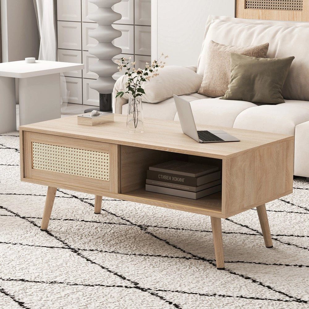 Tavolino da Caff¨¨ in Legno Massello con Ante Scorrevoli ¨C MINIMAL ¨C Naturale 105x55x40 cm