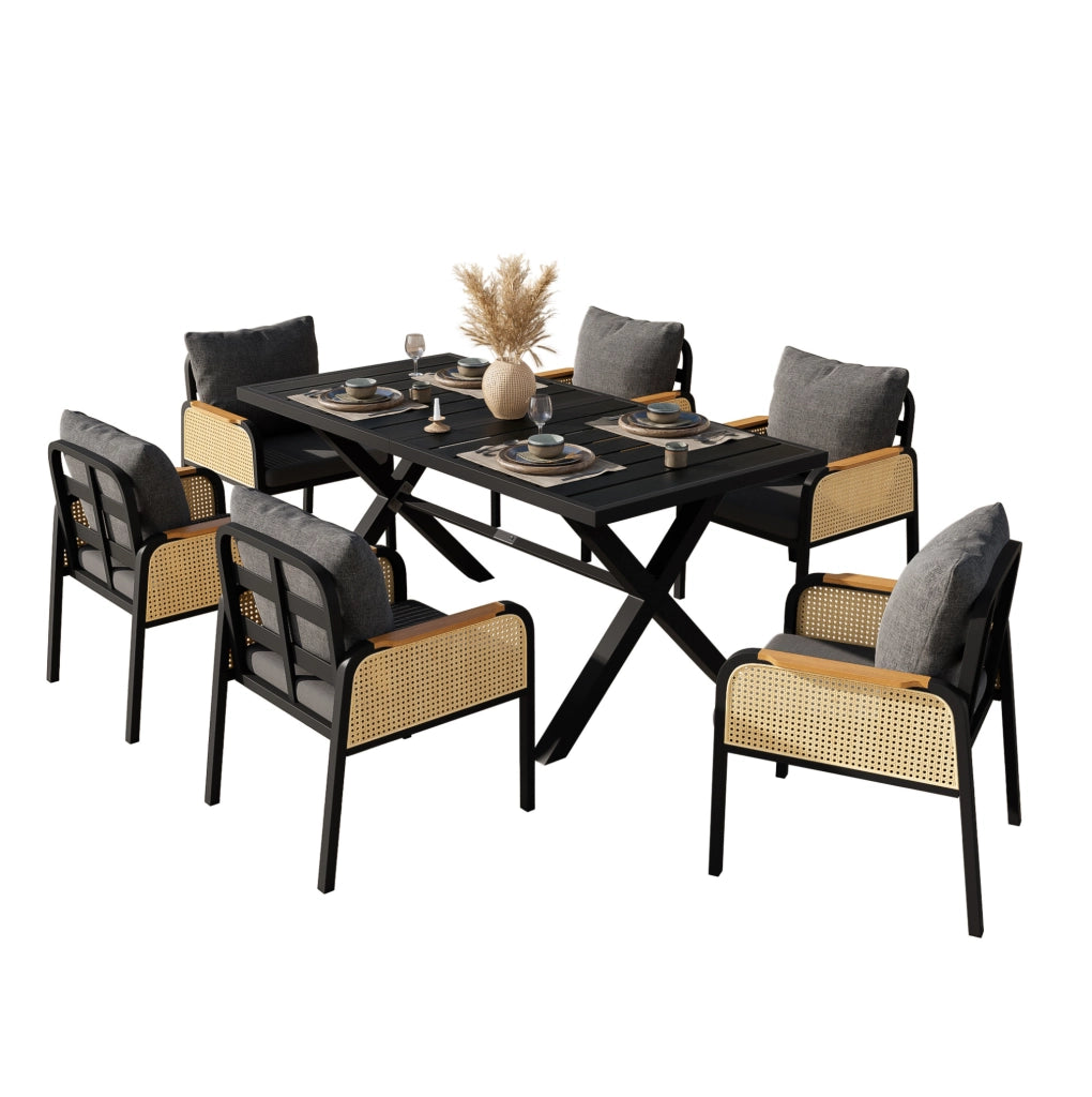 Set da giardino 6 persone 148x80x75 cm in metallo, legno plastico nero e naturale