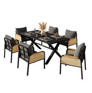Set da giardino 6 persone 148x80x75 cm in metallo, legno plastico nero e naturale
