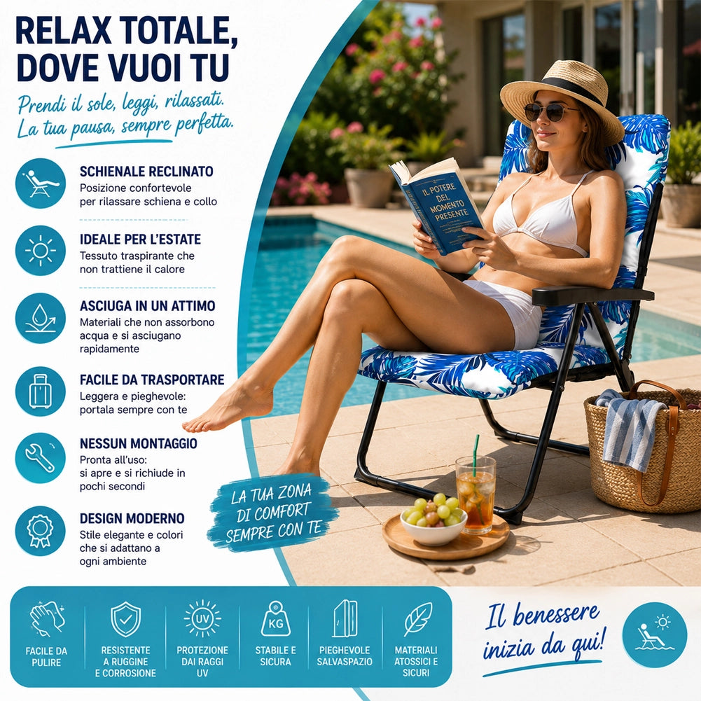 Sedia Sdraio Relax Cuscino Struttura Pieghevole Design Floreale 68x58x45/108cm