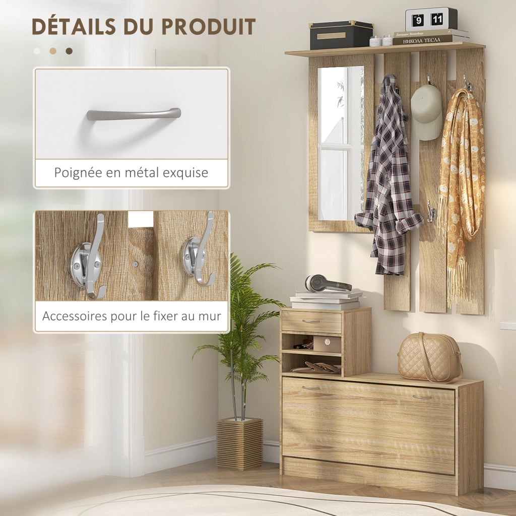 Mobile ingresso con appendiabiti specchio e panchina ¨C zephmum ¨C effetto legno naturale 90x10x91 cm