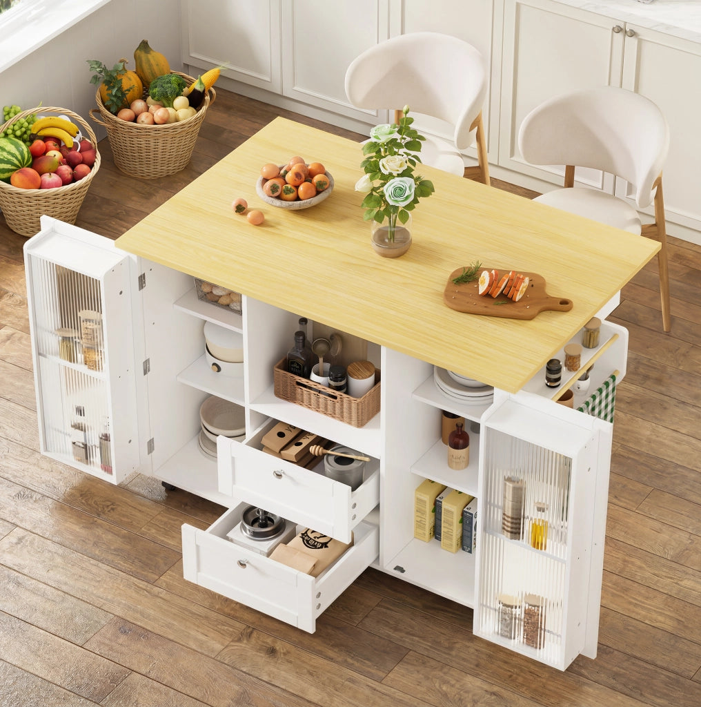 Isola cucina mobile con piano ribaltabile e 2 cassetti