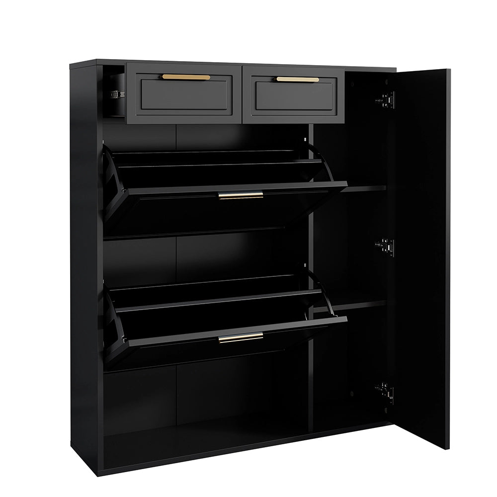 Scarpiere moderna - Xylo - L95/P24/H107 - Nero - Ripiani regolabili, maniglie dorate, cassetti, pieghevole