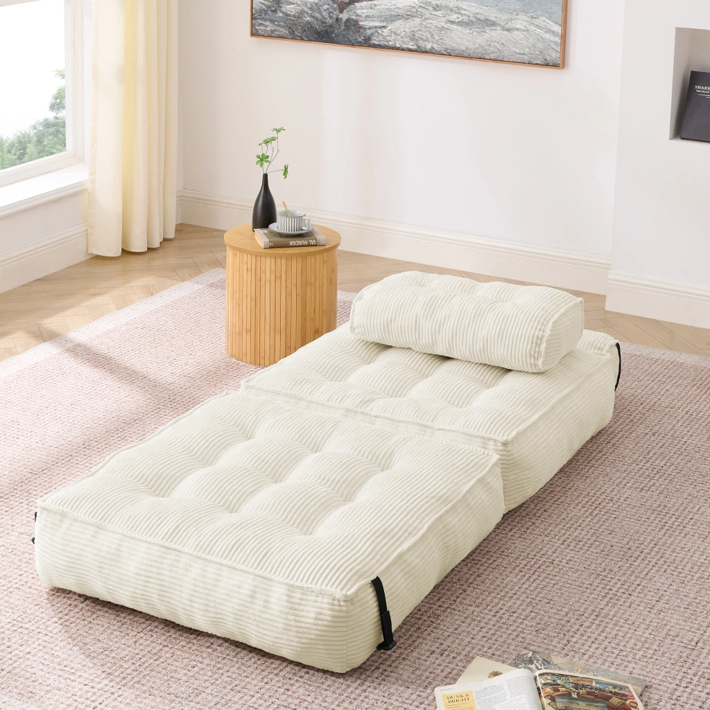 Pouf, divano letto pieghevole, velluto a coste, schienale regolabile, pronto all'uso, beige