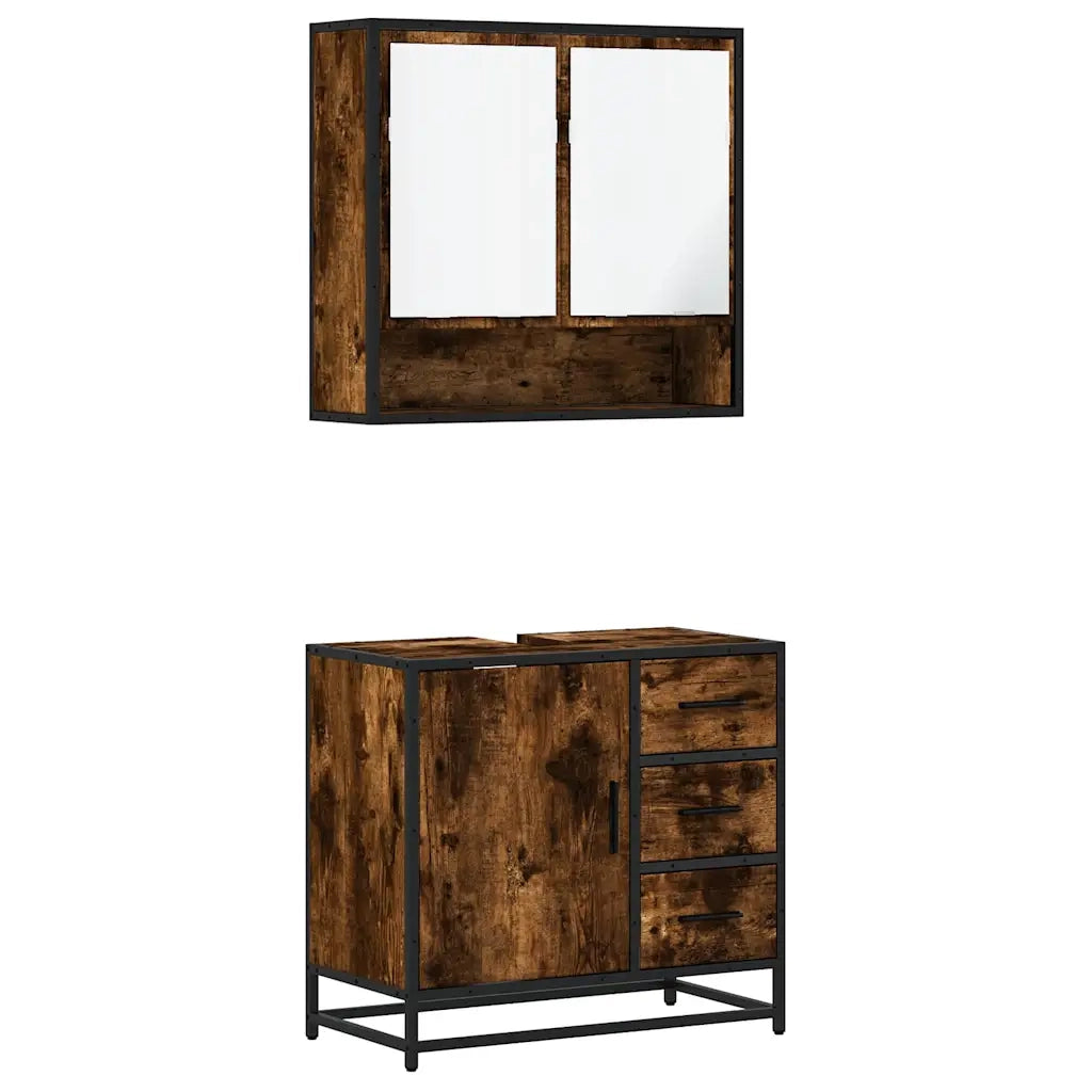 Set Mobili da Bagno 2 pz Rovere Fumo in Legno Multistrato