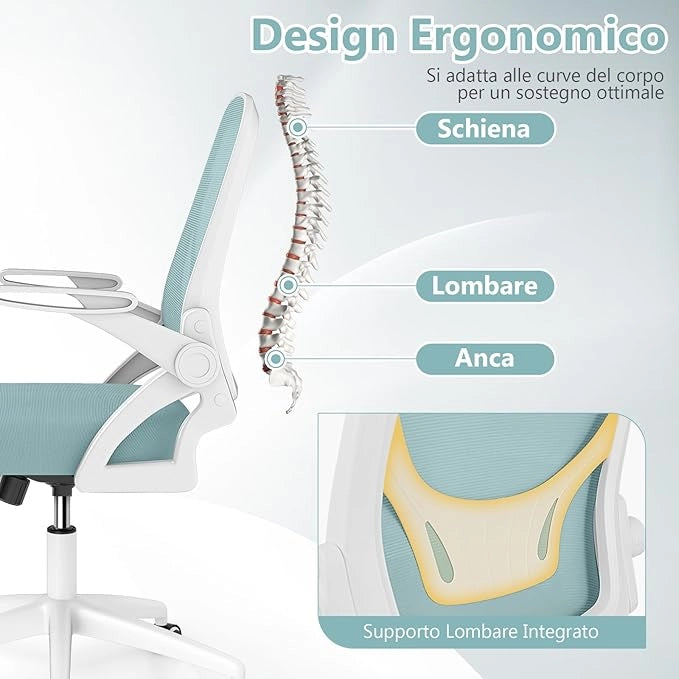 Sedia da Ufficio in Rete, Sedia da Scrivania Ergonomica con Supporto Lombare e Braccioli Ribaltabili, Sedia da Lavoro Girevole, con Ruote Regolabile in Altezza, Portata 150 kg