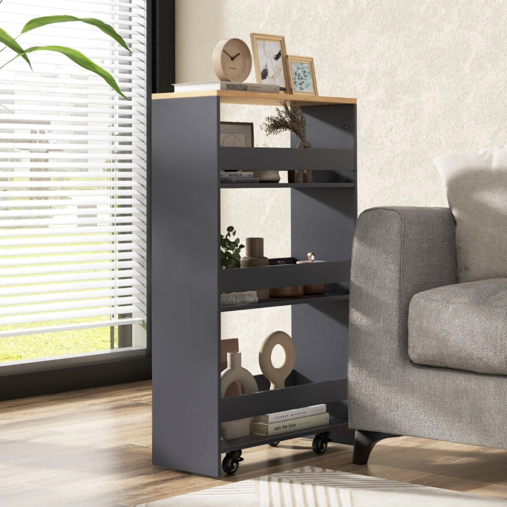 Carrello sottile da 20cm con ruote e ripiani aperti-Carrello utilitario estraibile da cucina a 4 ripiani Grigio