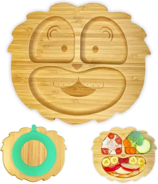 Tavolo per bambini in bambù con morsetto robusto per neonati e bambini piccoli - tavolo per l'apprendimento della nutrizione orale (anti-slip) - tavolo per bambini per imparare a mangiare (modello lion_groen) tavolo in bambù
