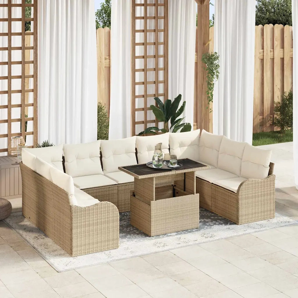 Set Divano da Giardino con cuscino 10 pcs Beige Poly Rattan
