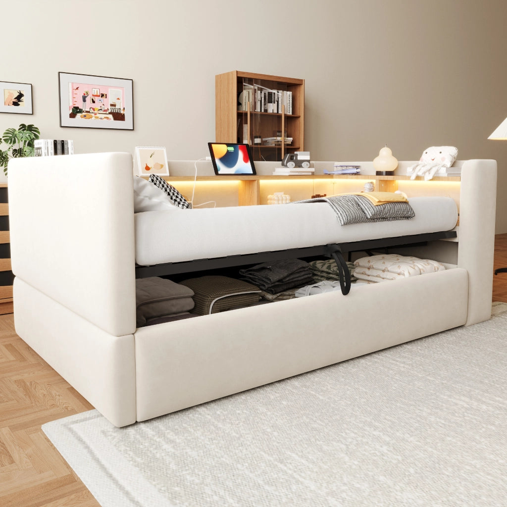 Letto imbottito trasformabile 90x190 cm con contenitore idraulico, LED, prese e rivestimento beige