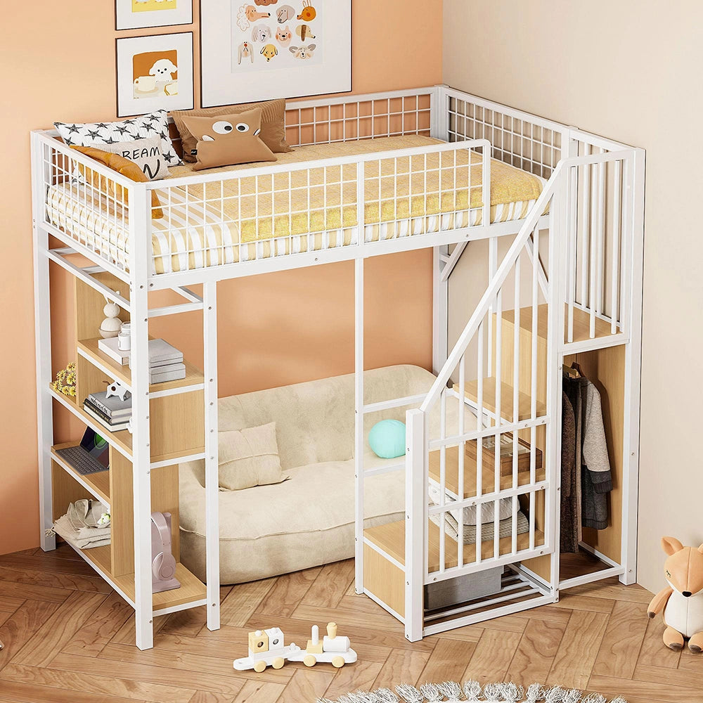Letto a soppalco - Xylo - 90x200 cm bianco con ripiani e scala