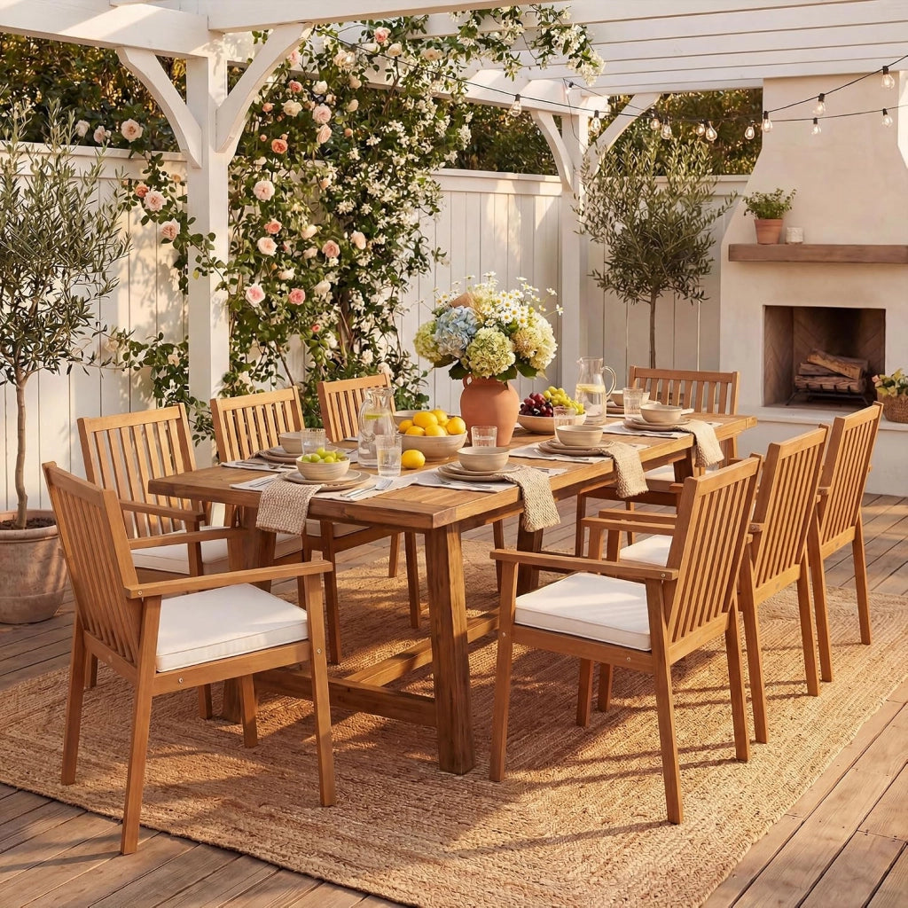 Set di 2 Sedie da Giardino Ergonomiche con Cuscino Rimovibile, Sedie da Pranzo con Braccioli, Poltrona in Legno di Acacia da Terrazza, Balcone, Cortile, Portata 180kg (Giallo Teak)