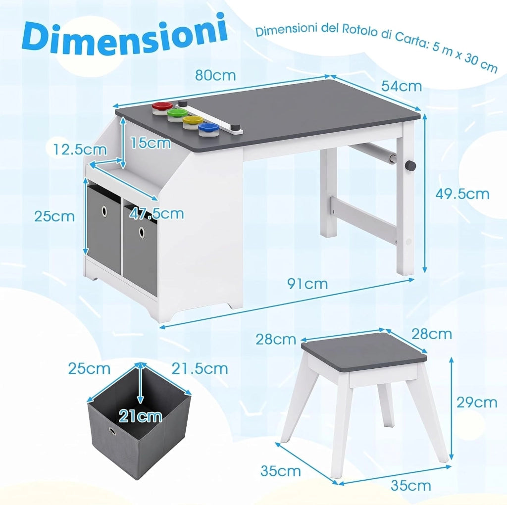Set Tavolo e Sedia per Bambini 3+ Anni con Rotolo di Carta | Tavolo da Disegno con Sgabello, 4 Vaschette, 3 Scomparti e 2 Cassetti in Tessuto per Cameretta e Sala Giochi