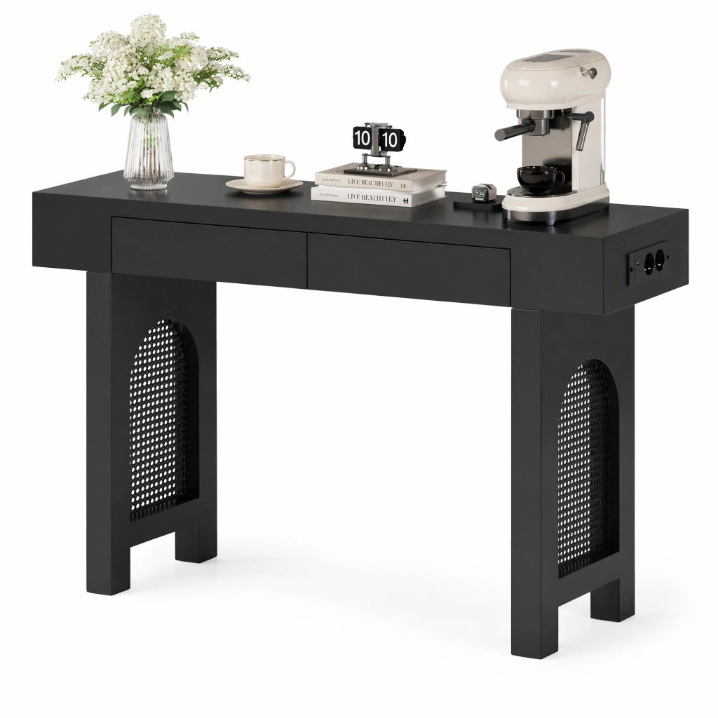 Tavolo consolle in MDF con 2 cassetti; prese USB e Type-C; 120 x 35;5 x 76;5 cm; nero