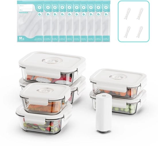 Set di sigillatura a vuoto Annalocker Vacu One Touch Eco, inclusa sigillatrice a mano con set di avvio del vuoto, contenitori di vetro per il deposito, set di 6, con coperchio, piastre a vuoto magnetron-resistenti, libere da BPA.