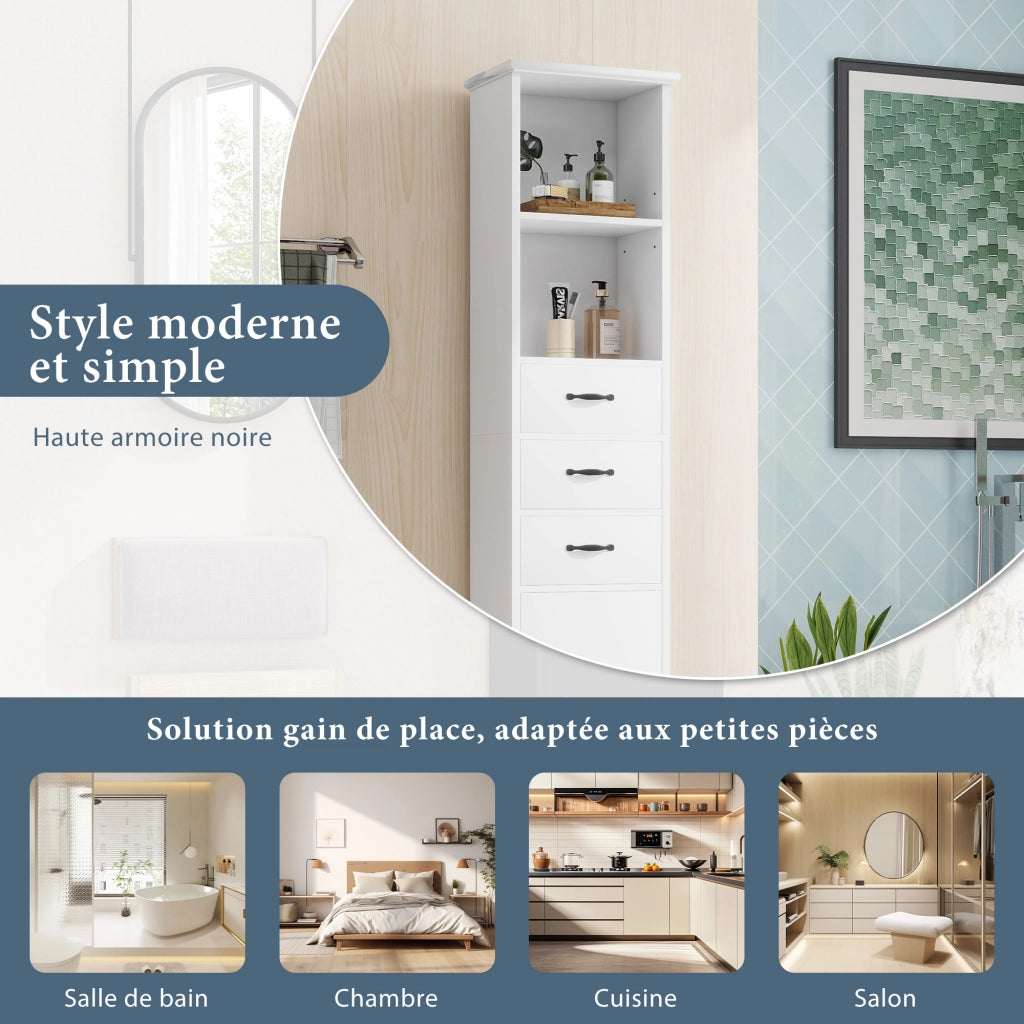 Mobile da bagno con 1 anta; 3 cassetti e ripiani regolabili - per bagno - in MDF - 38×26×172.5 cm - bianco