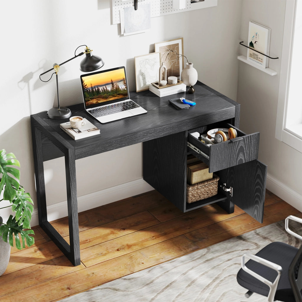 Scrivania moderna per computer con armadietto e cassetto per casa e ufficio, Postazione di lavoro elegante Nero