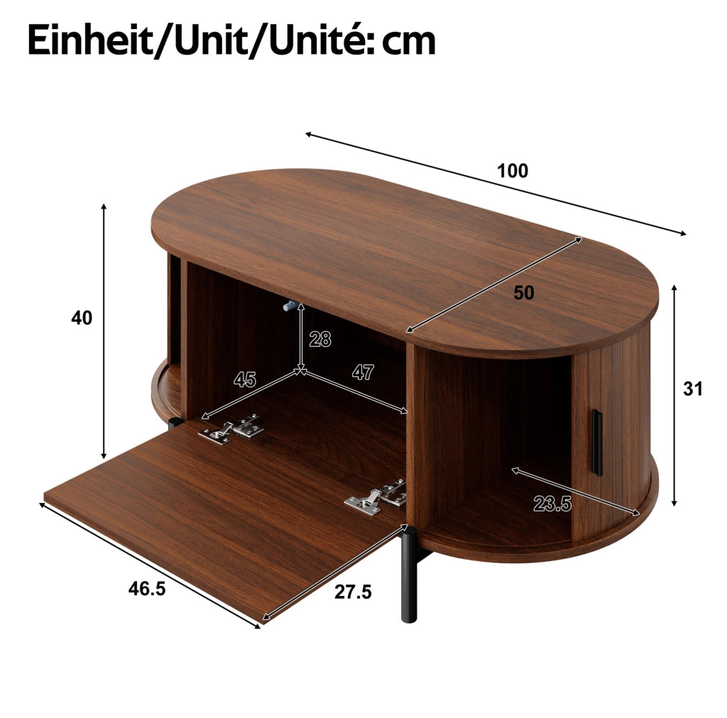 Tavolino da salotto ovale 100 x 50 x 40 cm in MDF color noce con ante in rattan e ripiani