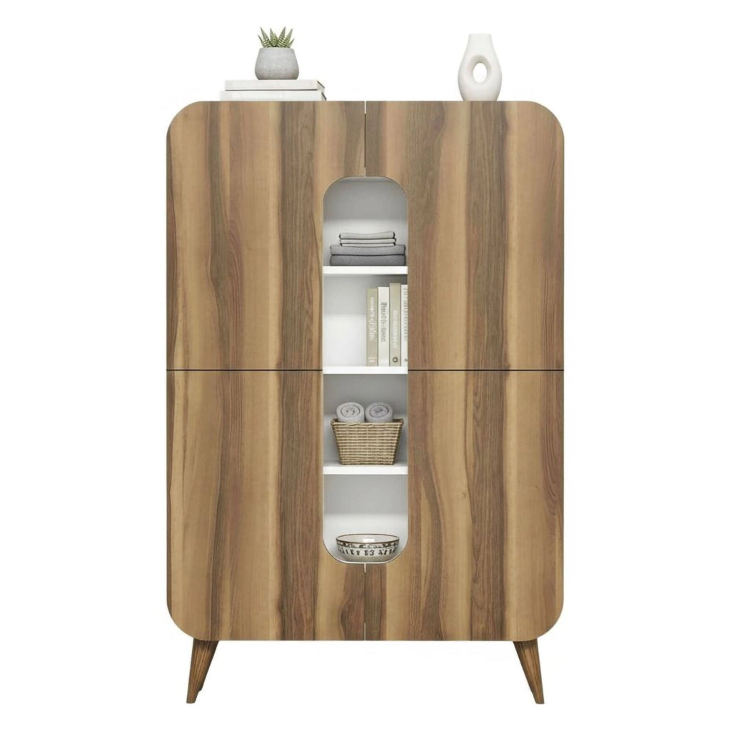 Credenza Novella, Buffet da soggiorno, Madia da salotto, Dispensa da cucina, 93x32h144 cm, Noce e Bianco