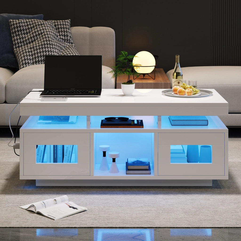 Tavolino da caffè 100x50x43 cm bianco lucido con LED; presa EU; USB e contenitore