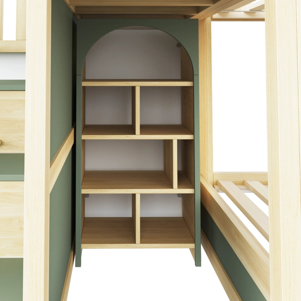 Letto a Castello 90x200 cm; 2 Posti - Scaletta Contenitore; Cassetti - Legno Verde Grigio