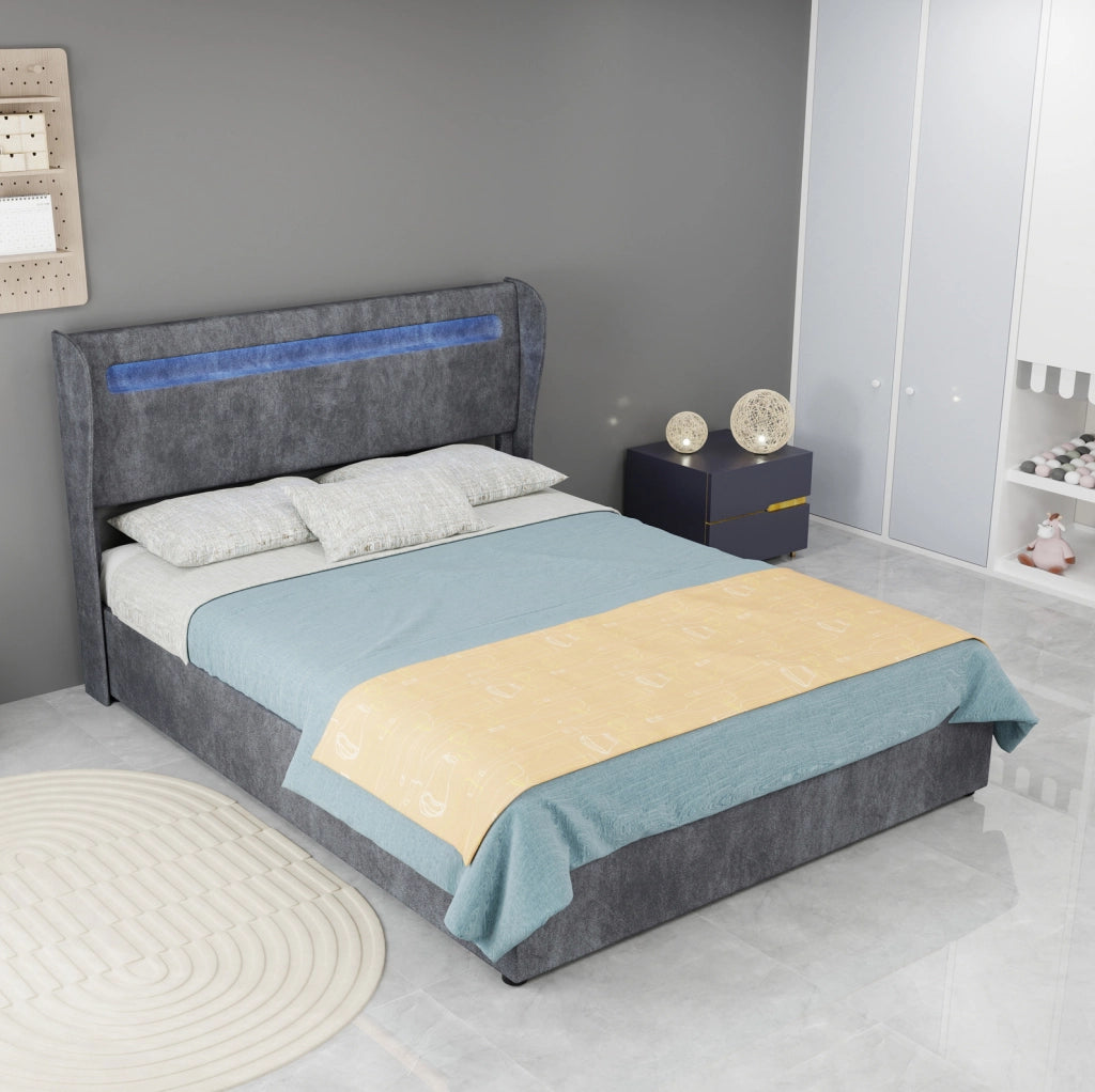 Letto 140x200 cm con testiera regolabile e LED multicolore; tessuto e metallo; grigio