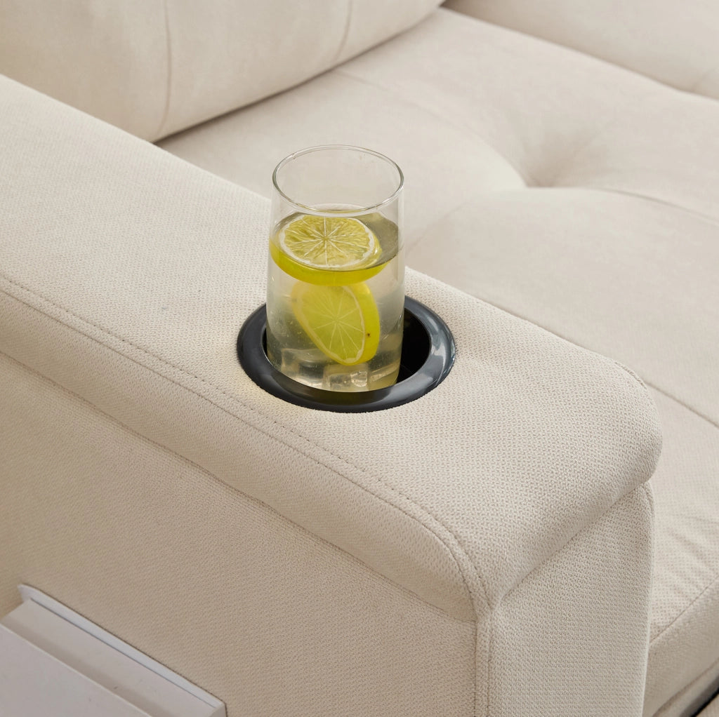 Divano letto pieghevole con contenitore; LED; USB e Type-C; tessuto beige