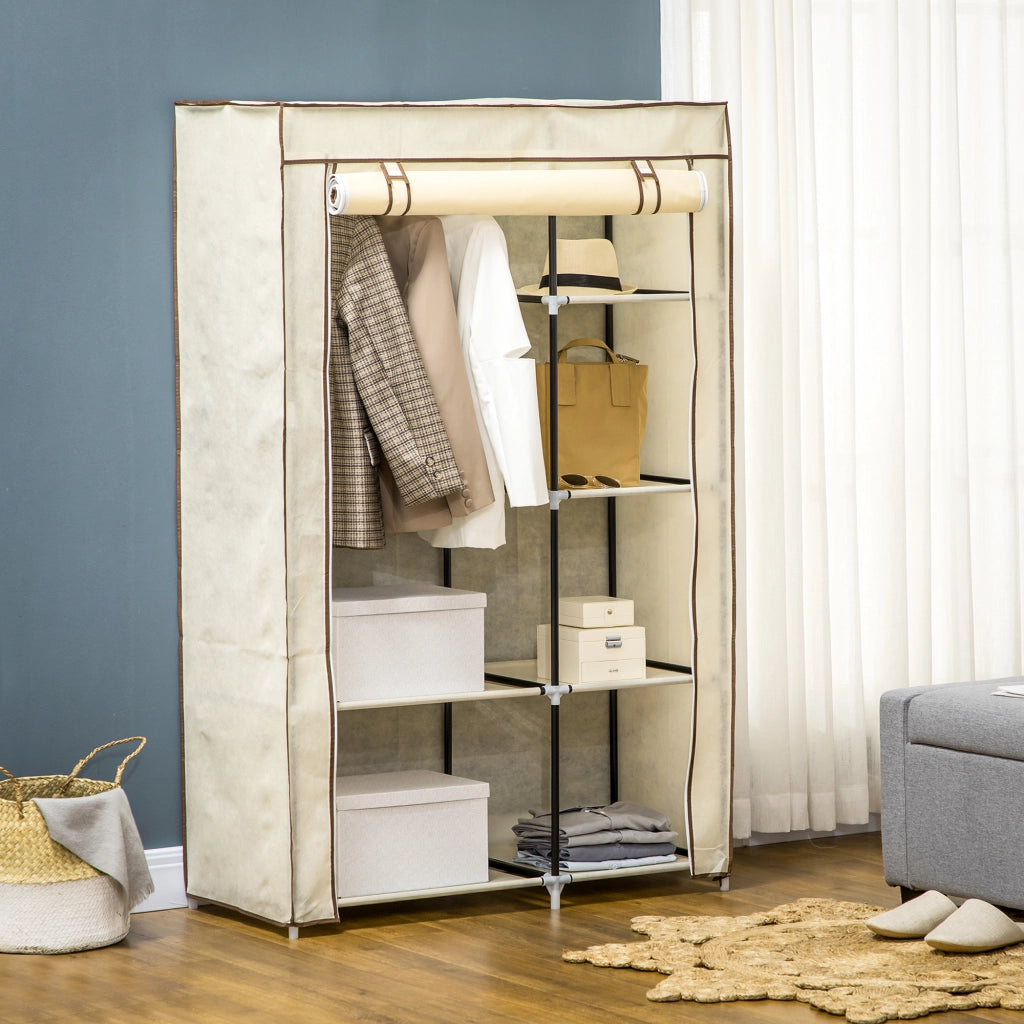 Armadio in tessuto pieghevole con 1 barra appendiabiti e 6 ripiani, colore crema, per camera da letto e ingresso