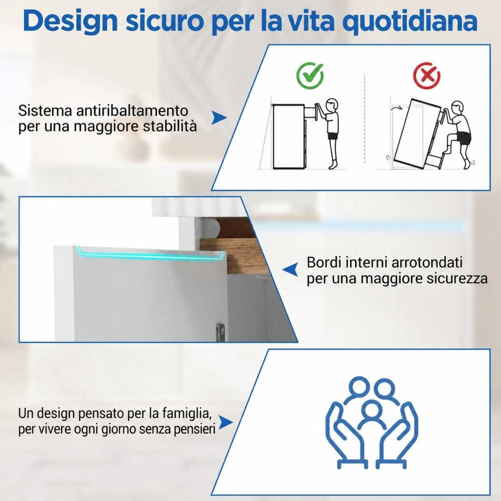 Credenza LED 140x40x85 cm bianca con 3 ante; 2 cassetti e ripiani regolabili