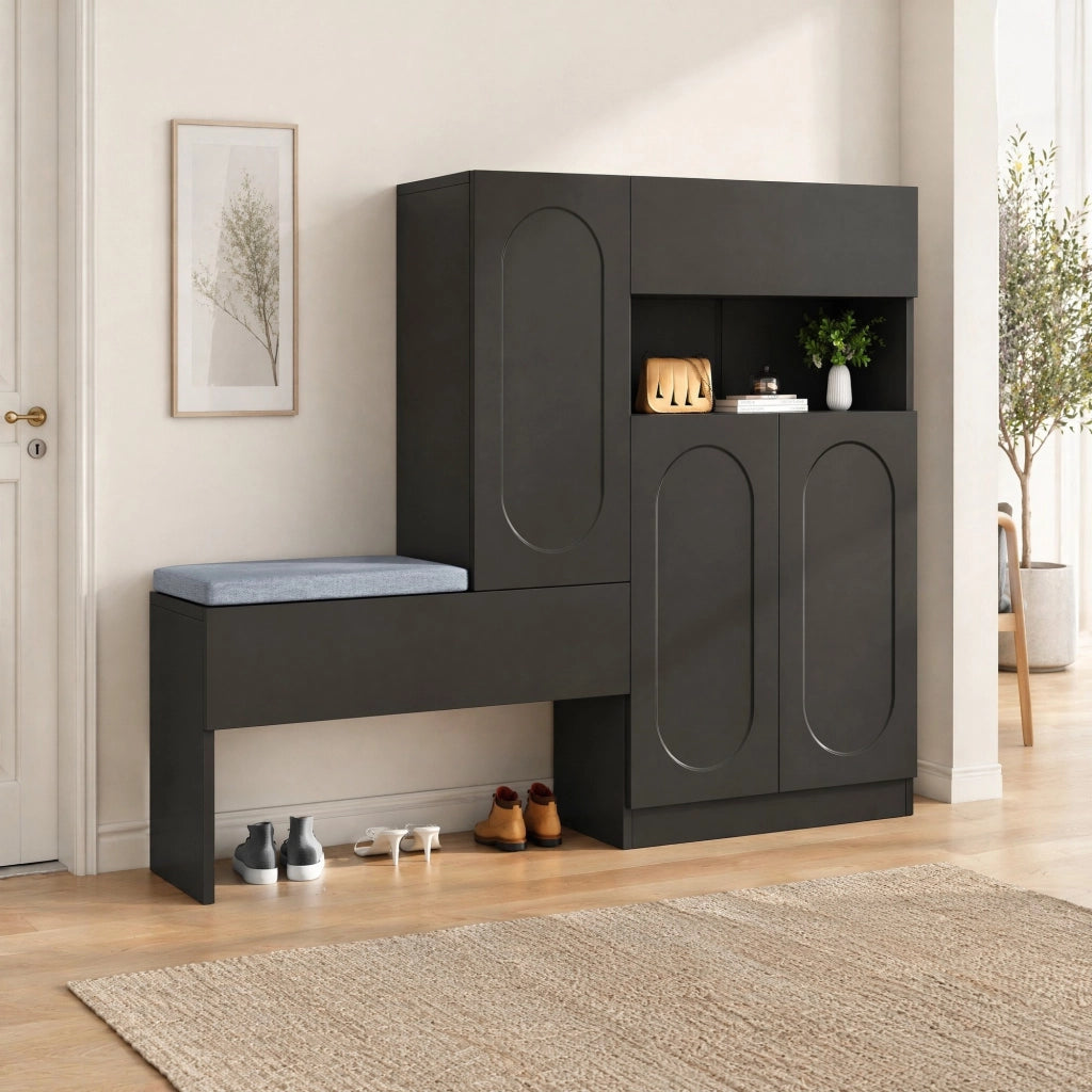 Mobile scarpiera 2 in 1 con panca imbottita e ante soft-close, nero, 130x35x110 cm