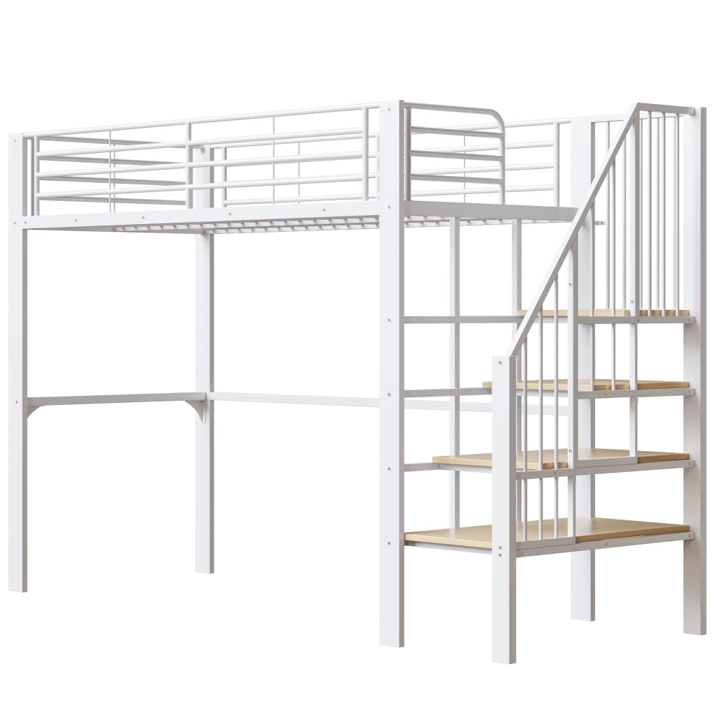 Letto a soppalco in metallo con scala e contenitore, 90x200 cm