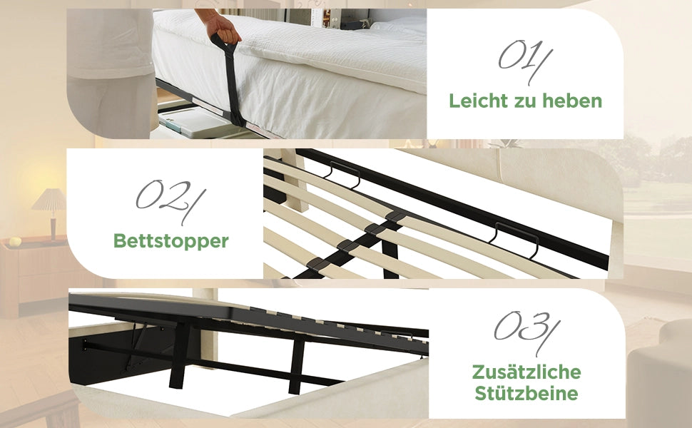 DESMIU Letto contenitore matrimoniale 140 × 200 cm con testiera regolabile, LED, USB/Type-C, con materasso, beige