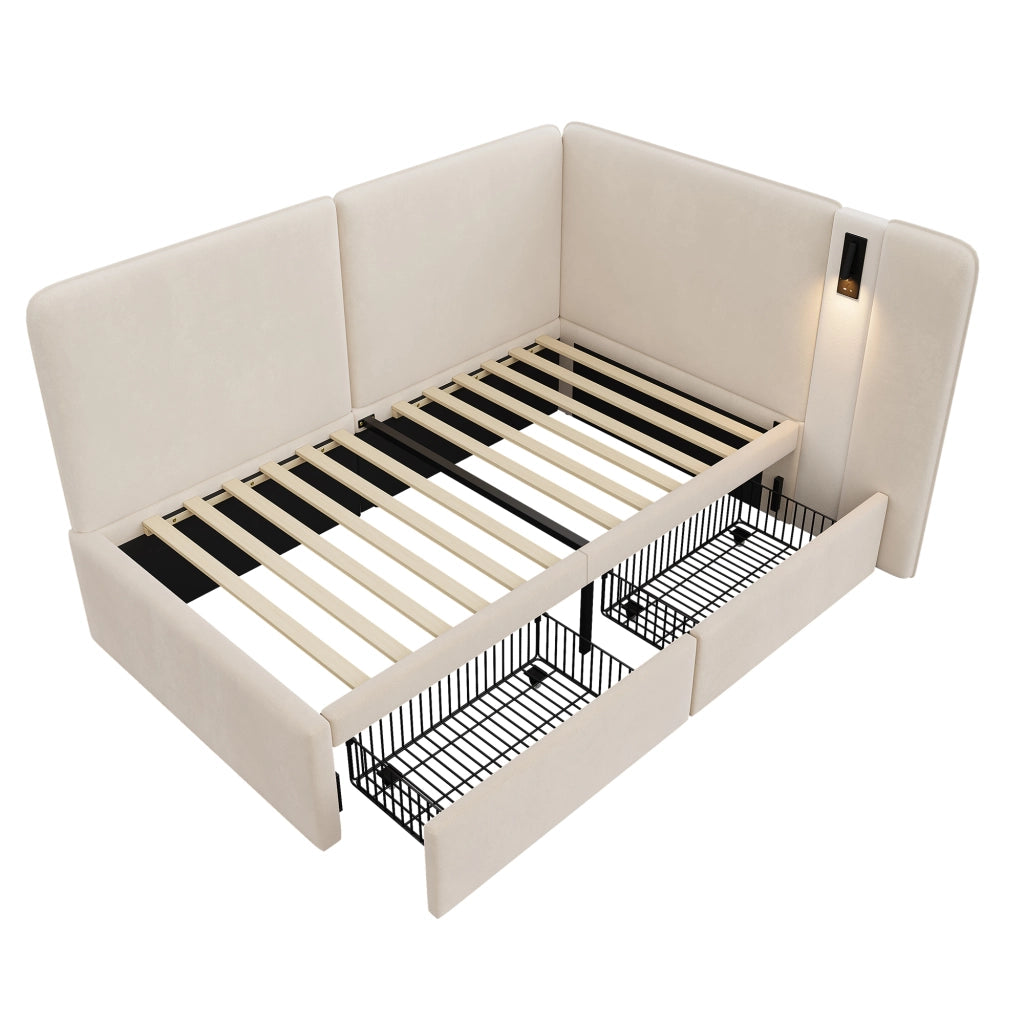 Letto Imbottito con Cassetti e Luce LED ¨C MINIMAL ¨C Velluto Beige 90x200
