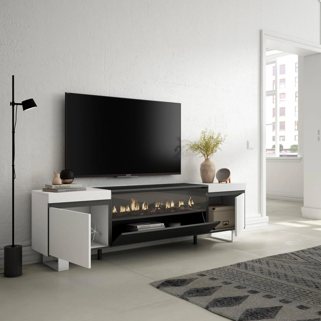 Mobile TV, 200x35x57cm, soggiorno, Per TV fino a 80", Camino elettrico, Design industriale, Bianco e nero RF2170