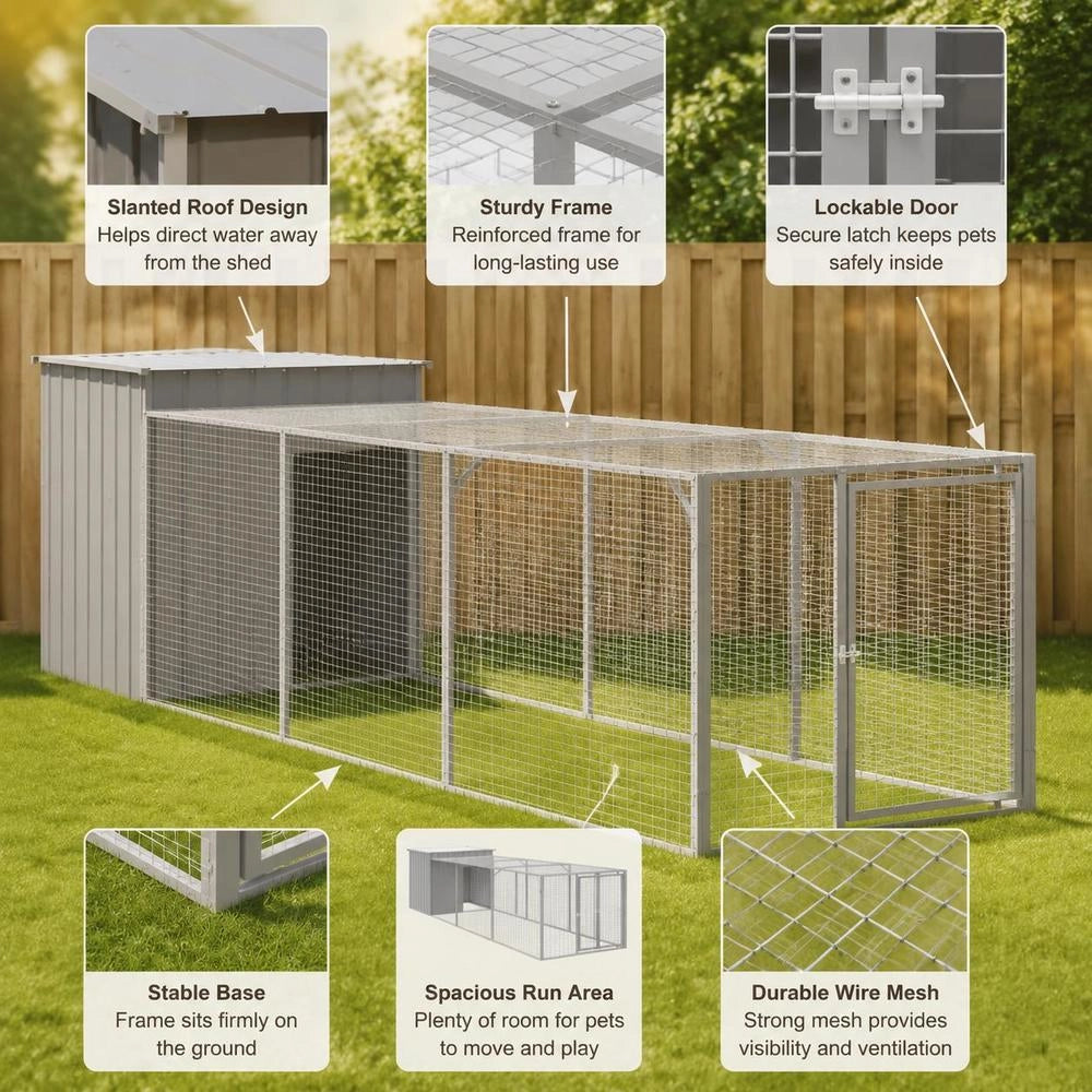 Chicken Cage With Run, Light Grey, 110x405x110 Cm, Galvanized Steel