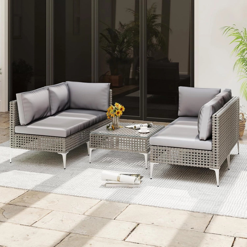 Set di mobili da giardino in rattan, 5 pezzi, cuscini rimovibili e schienale ergonomico, tavolino in vetro temperato, set di mobili da esterno per cortile, terrazza, giardino, carico 180 kg
