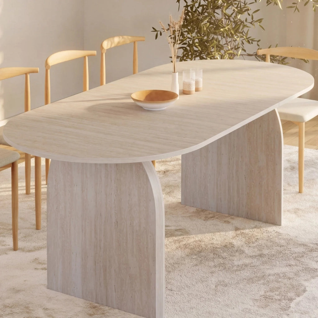 IDMarket - Tavolo da pranzo ovale japandi allungabile EDITH 6-10 persone stile travertino 160-200 cm