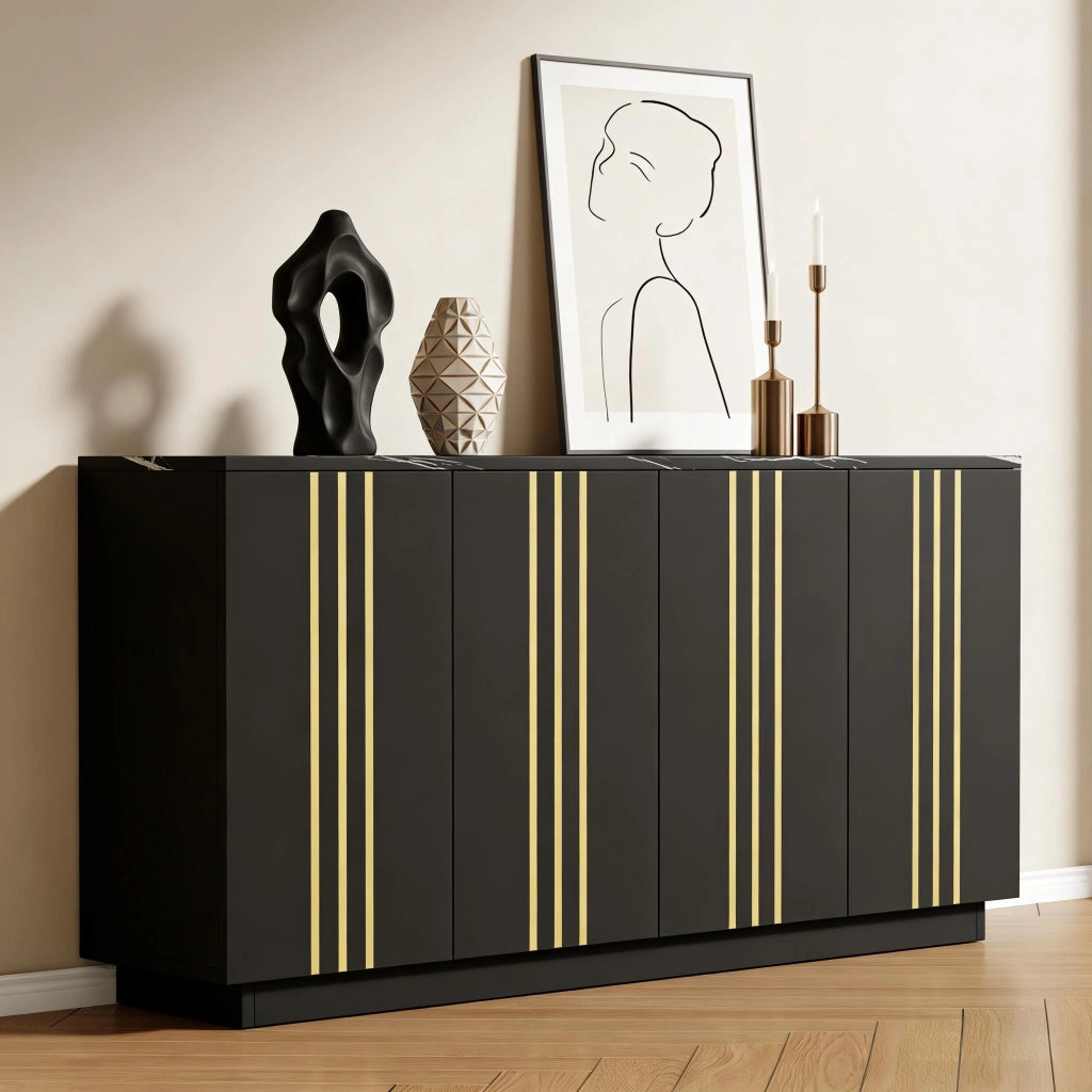Sideboard da soggiorno con 4 ante, 35 x 140 x 70 cm, nero e oro, in pannello truciolare, con vani interni separati