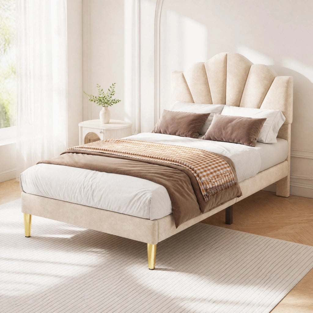 Letto imbottito in velluto beige 90x200 cm con testiera regolabile, rete a doghe in legno e metallo, panca contenitore