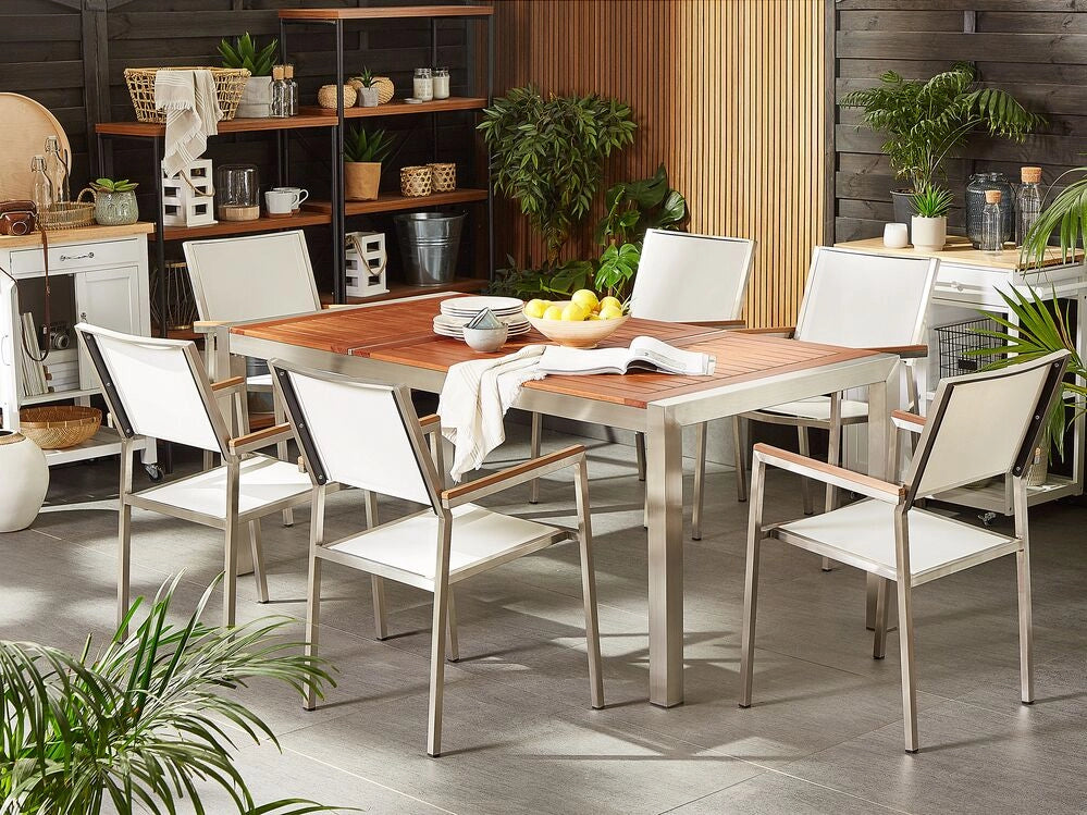 Set da pranzo da giardino con piano in legno di eucalipto chiaro e struttura in acciaio 180 x 90 cm con 6 sedie bianche