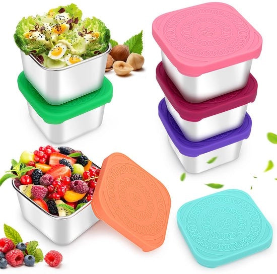 Set di contenitori per snack in acciaio inossidabile da 6x180ml, contenitori per cibo metallici liberi da grassi con coperchi in silicone, contenitori per pranzo mini riutilizzabili e ripiegabili, facili da aprire