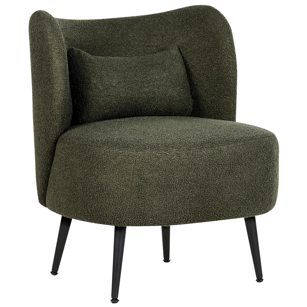 Poltrona da salotto con schienale curvo boucle verde scuro stile glam elegante soggiorno