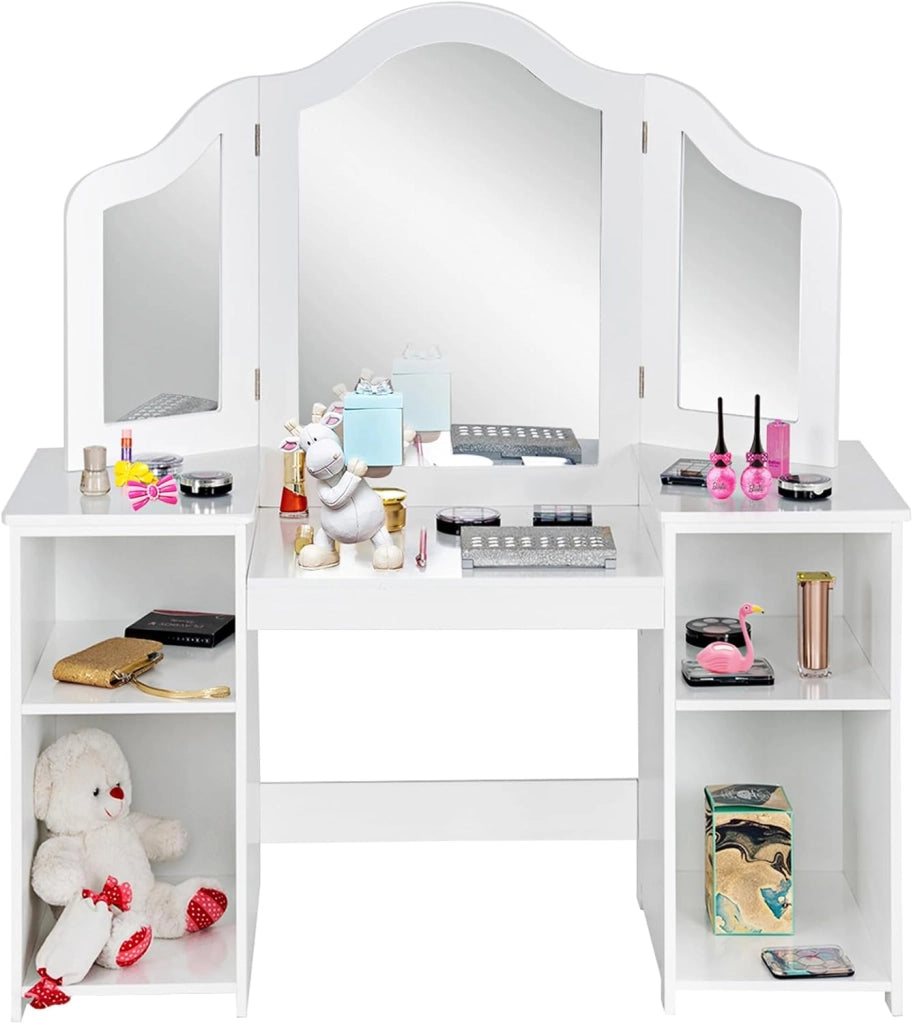 Toeletta per bambini in Legno, Design Smontabile 2 in 1, Mobile da Trucco Stile Principessa con 4 Mensole e Specchio, Mobile per Il Trucco per Bambini (Bianco)