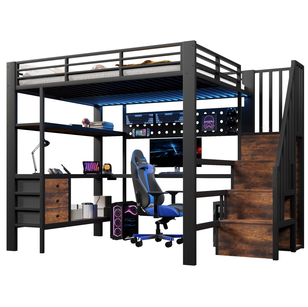 Letto a soppalco 140x200 cm con scrivania, cassetti, LED e presa nero HAVRYA