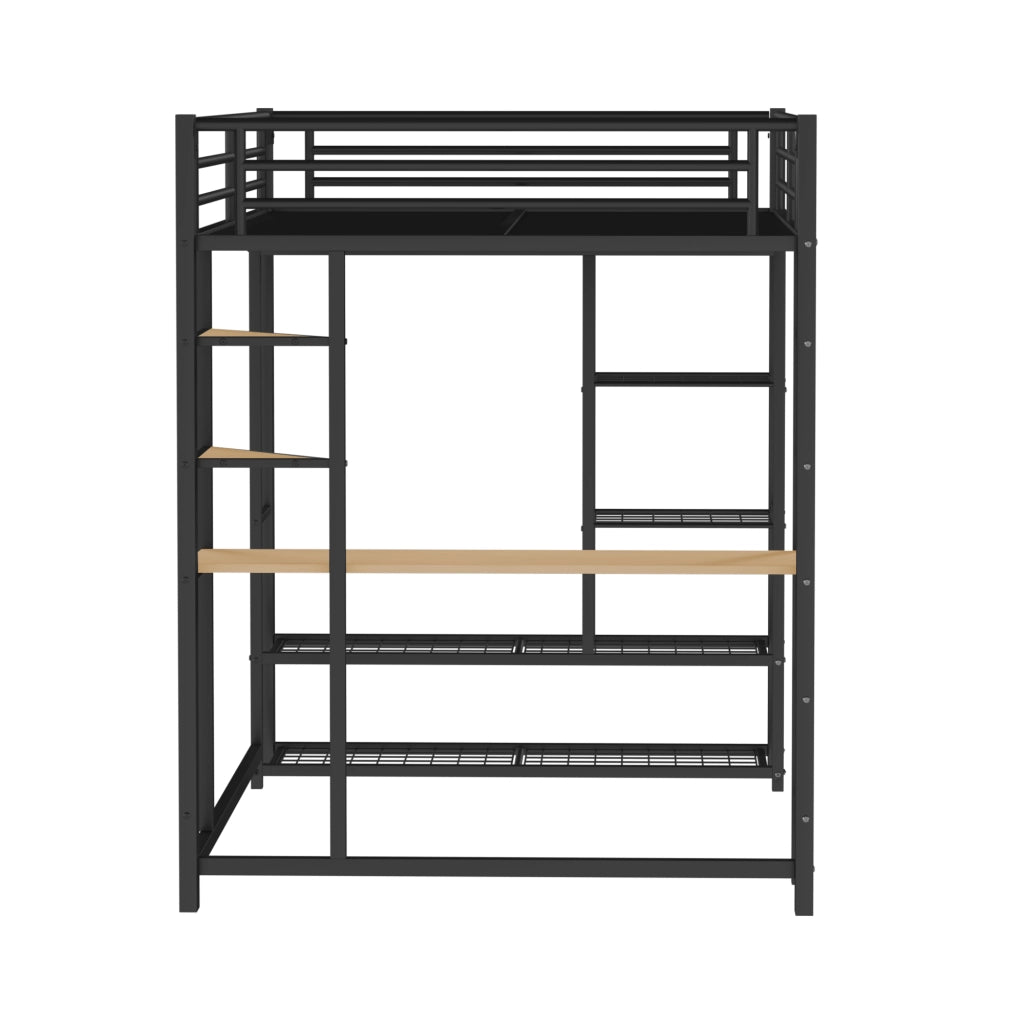 Letto a Soppalco 2 Posti con Scrivania; Appendiabiti e Scaffali 140 x 200 cm; senza Materasso; Nero