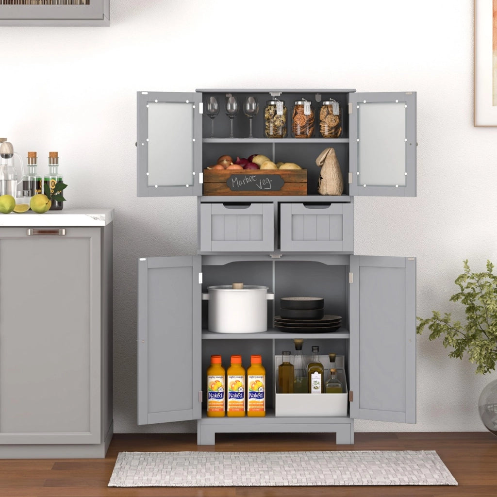 Armadio da terra con 4 ante 2 cassetti e ripiani regolabili-Mobile da bagno indipendente multifunzionale Grigio