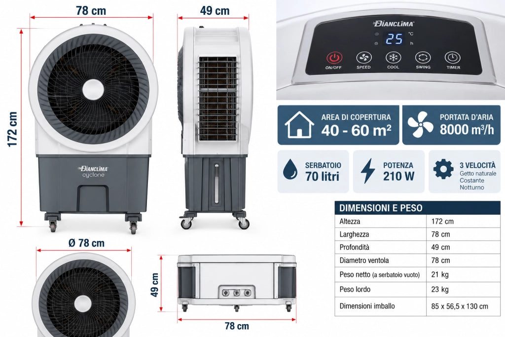 Raffrescatore Evaporativo Dianclima Cyclone 70 Litri 210W 8000 m3h