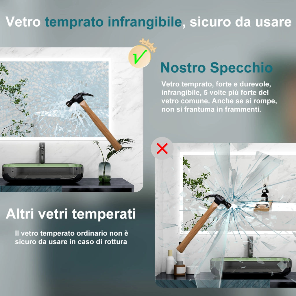 AICA Specchio 100x60cm,3 colori,Memoria, Antifog,Regorabile,Retroilluminato,doppio interruttore