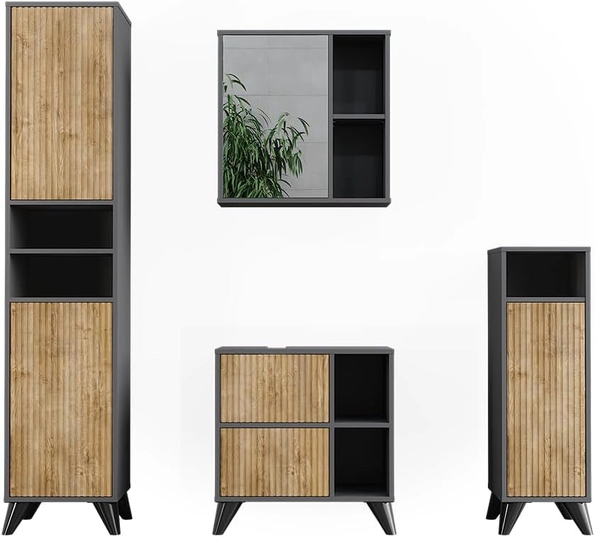 Set di mobili da bagno Leano, Antracite/quercia di montagna, 60 cm, composto da mobile lavabo, pensile a specchio, colonna e base media